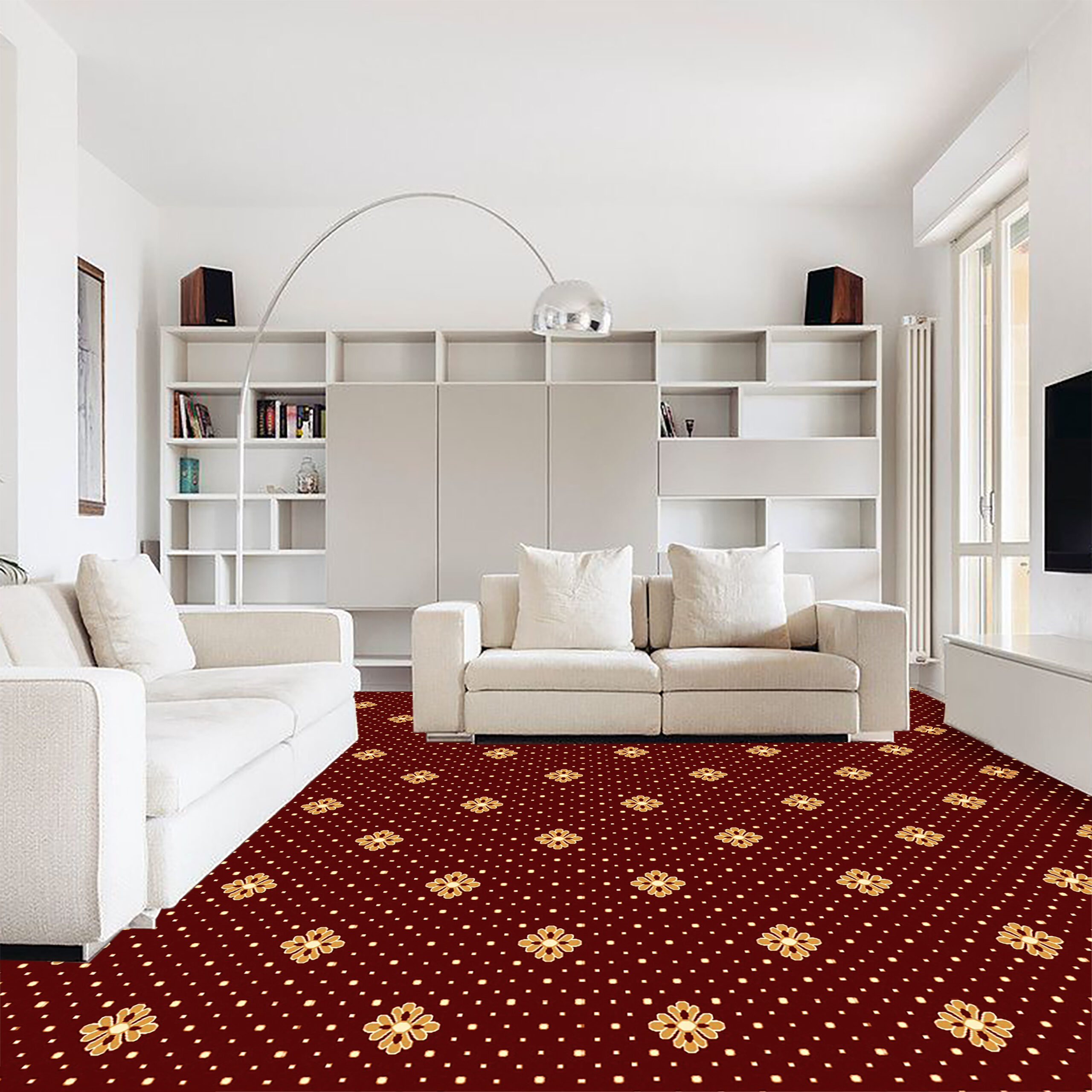 Red patterned residential wall-to-wall carpet installation in living room